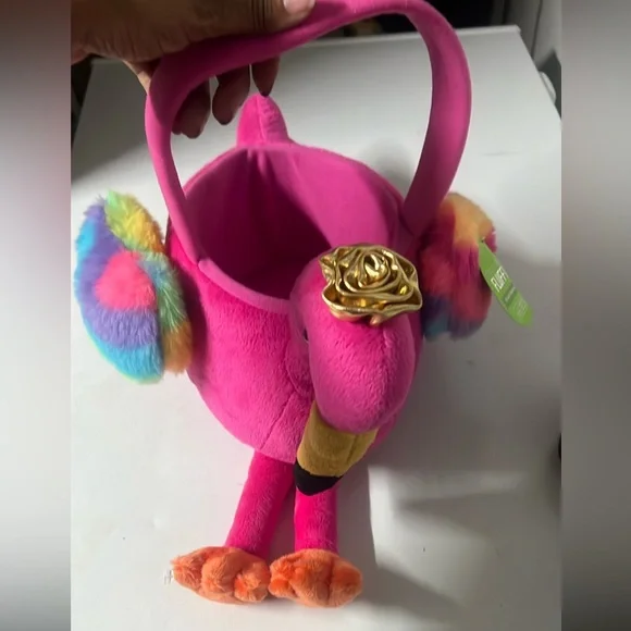 Pink Flamingo Plush Egg Basket with Rainbow Wings - Picture 3 of 8